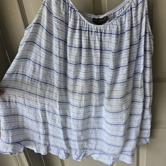 Lane Bryant Linen Blend Top Sz 22 Beach Nautical Stripe Adjustable Strap Ruffle - Picture 8 of 13